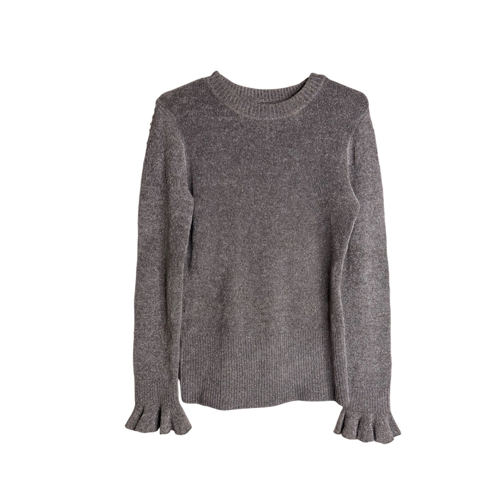 Elie Tahari Embla Metallic Sweater XS Grey Silver Ruffle Flare Sleeve Holiday